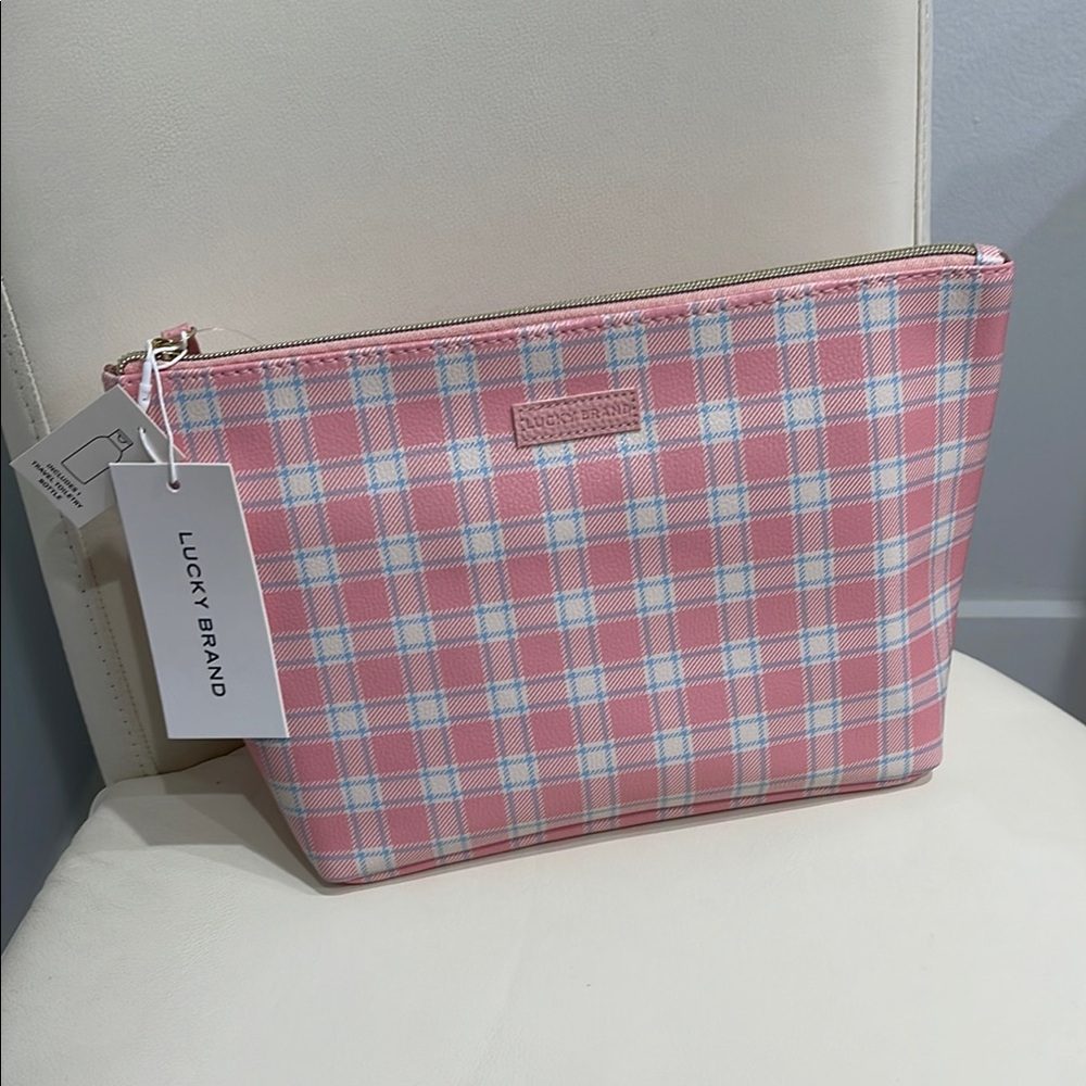 Lucky Brand Pink/White/Blue Gingham Plaid Pattern Cosmetic Bag